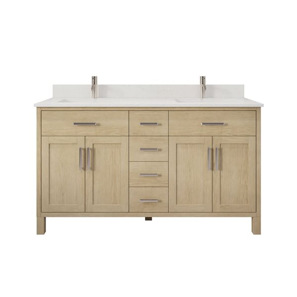 Spa Bathe Kate II 60-in Weathered Oak Double Vanity with White with Grey Specks Engineered Stone Top
