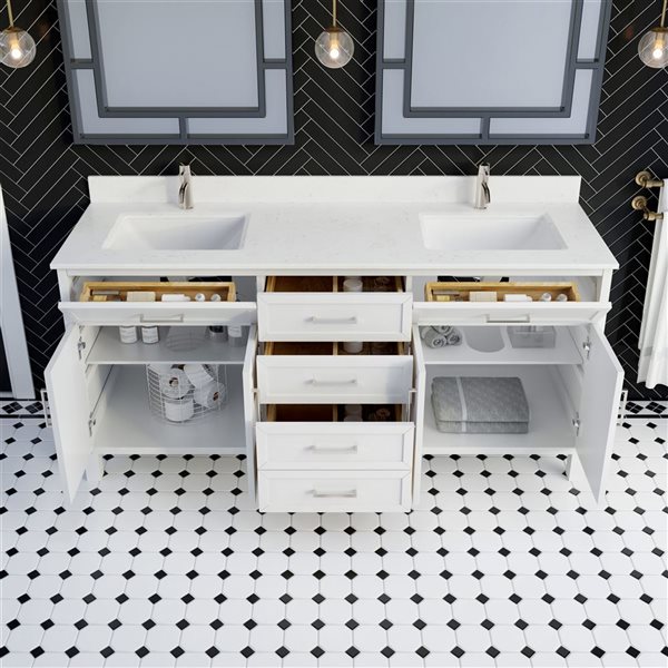 Spa Bathe Thomas II 72-in High Reflective White Double Vanity with White with Grey Specks Engineered Stone Top