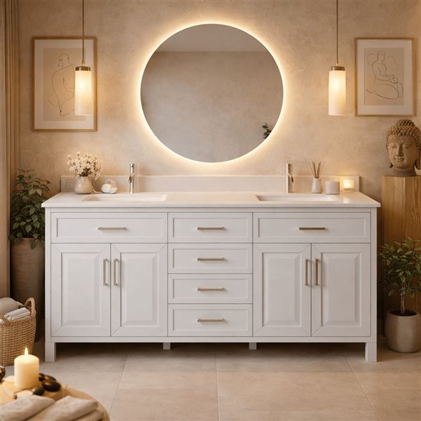 Spa Bathe Thomas II 72-in High Reflective White Double Vanity with White with Grey Specks Engineered Stone Top