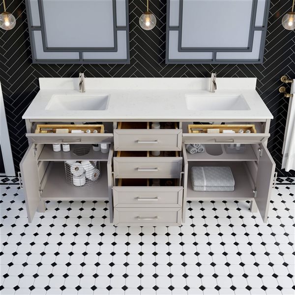 Spa Bathe Thomas II 72-in Essential Grey Double Vanity with White with Grey Specks Engineered Stone Top