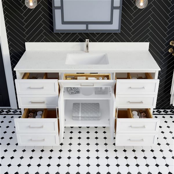 Spa Bathe Thomas II 60-in High Reflective White Single Vanity with White with Grey Specks Engineered Stone Top