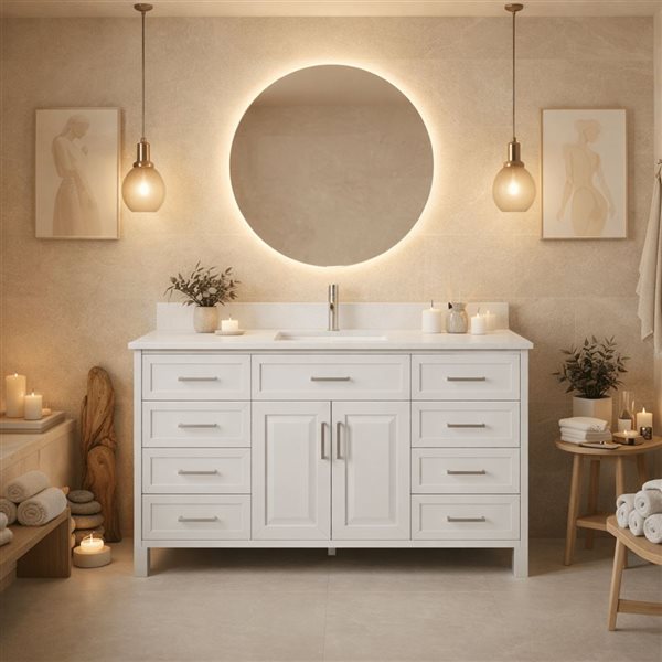 Spa Bathe Thomas II 60-in High Reflective White Single Vanity with White with Grey Specks Engineered Stone Top