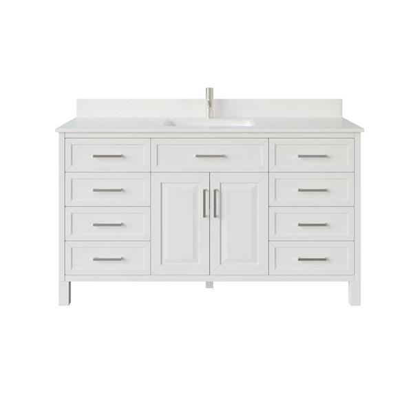 Spa Bathe Thomas II 60-in High Reflective White Single Vanity with White with Grey Specks Engineered Stone Top