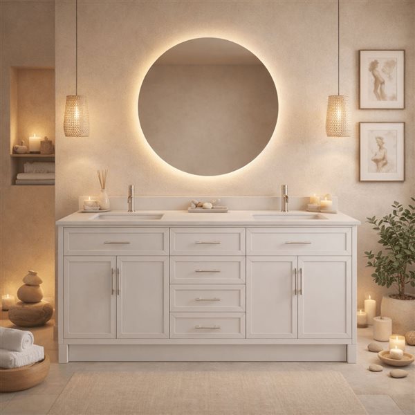 Spa Bathe Brook II 72-in High Reflective White Double Vanity with White with Grey Specks Engineered Stone Top