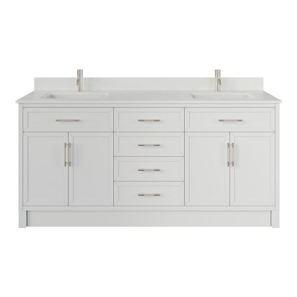 Spa Bathe Brook II 72-in High Reflective White Double Vanity with White with Grey Specks Engineered Stone Top