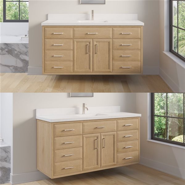 Spa Bathe Calumet III 60-in Weathered Oak Single Vanity with White with Grey Specks Engineered Stone Top