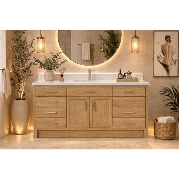 Spa Bathe Calumet III 60-in Weathered Oak Single Vanity with White with Grey Specks Engineered Stone Top