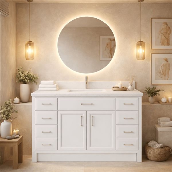 Spa Bathe Calumet III 48-in High Reflective White Single Vanity with White with Grey Specks Engineered Stone Top