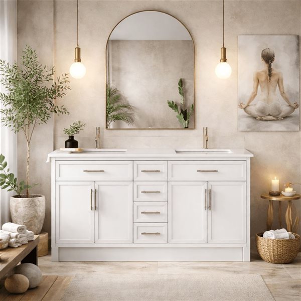 Spa Bathe Brook II 60-in High Reflective White Double Vanity with White with Grey Specks Engineered Stone Top