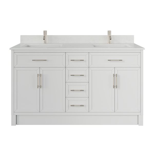 Spa Bathe Brook II 60-in High Reflective White Double Vanity with White with Grey Specks Engineered Stone Top