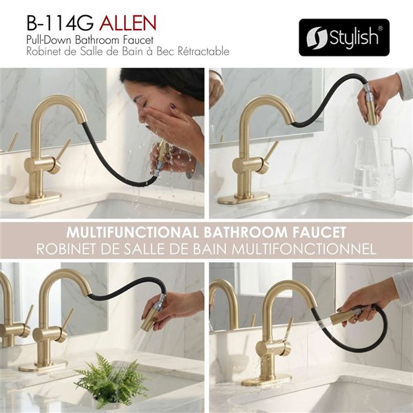 Stylish Single Handle Pull-Down Dual Function Bathroom Faucet Stainless Steel 9.6-in - Brushed Gold
