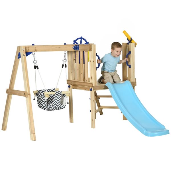 Outsunny Kids Wooden Swing Set with Slide & Baby Swing Seat - Natural