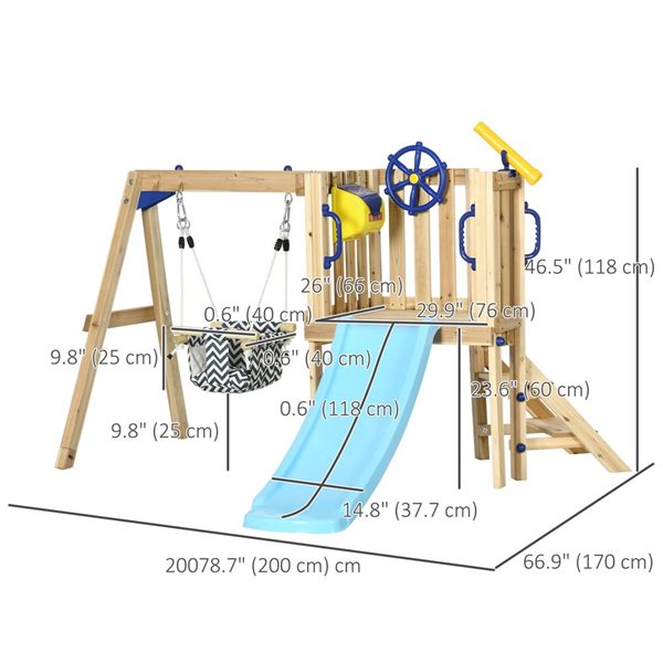 Outsunny Kids Wooden Swing Set with Slide & Baby Swing Seat - Natural
