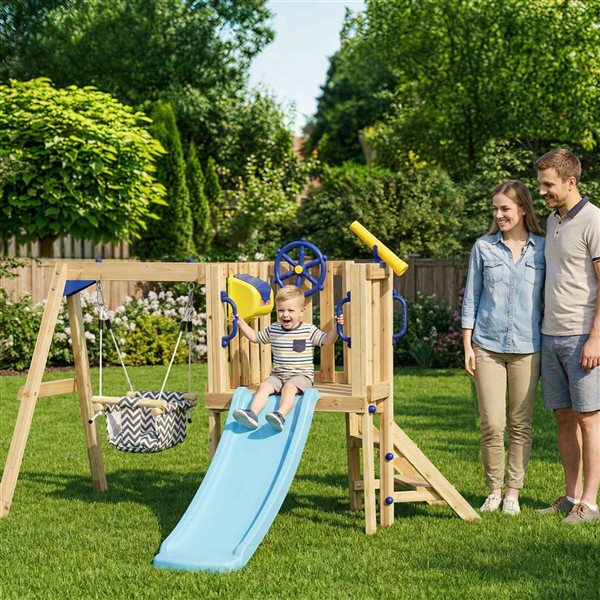 Outsunny Kids Wooden Swing Set with Slide & Baby Swing Seat - Natural