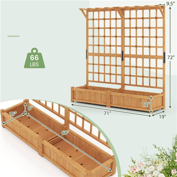Costway 71-in Large Wooden Planter Box with Trellis Roof and Drainage