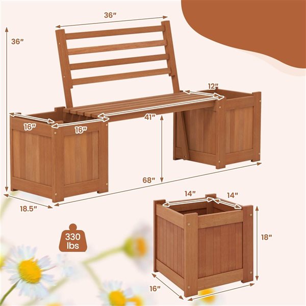 Costway Patio Bench with Dual Planter Boxes and Slatted Backrest - 2-Pack