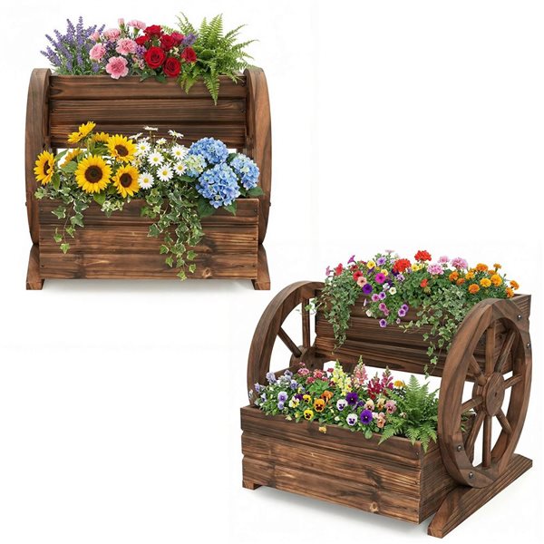 Costway 2-Tier Rustic Wagon Planter Box with Wheels and Drainage - 2-Pack