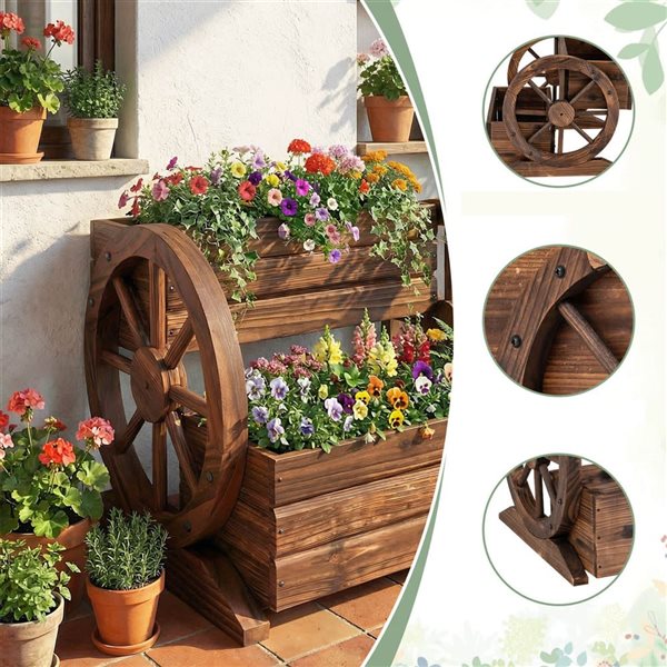 Costway 2-Tier Rustic Wagon Planter Box with Wheels and Drainage - 2-Pack