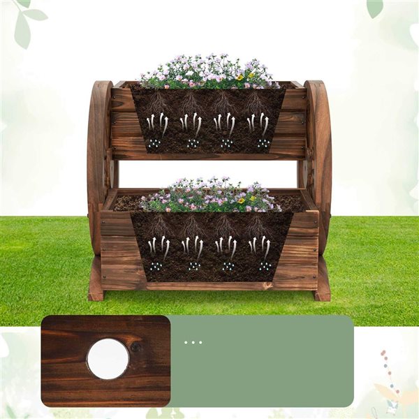 Costway 2-Tier Rustic Wagon Planter Box with Wheels and Drainage - 2-Pack