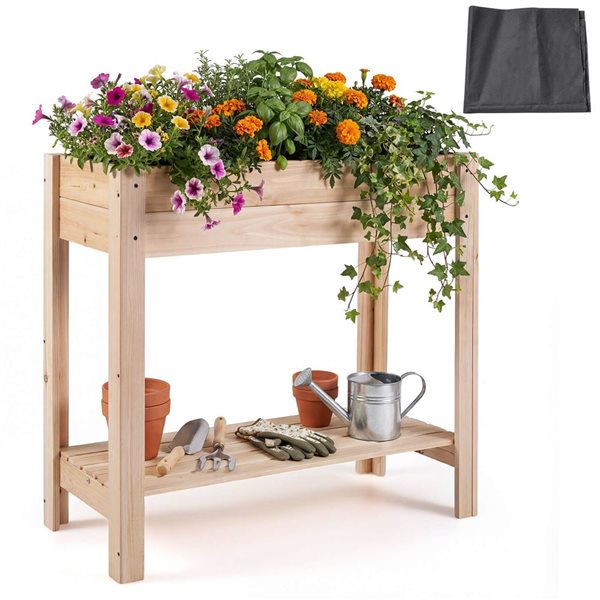 Costway Wooden Elevated Raised Garden Bed with Legs, Storage Shelf, and Liner