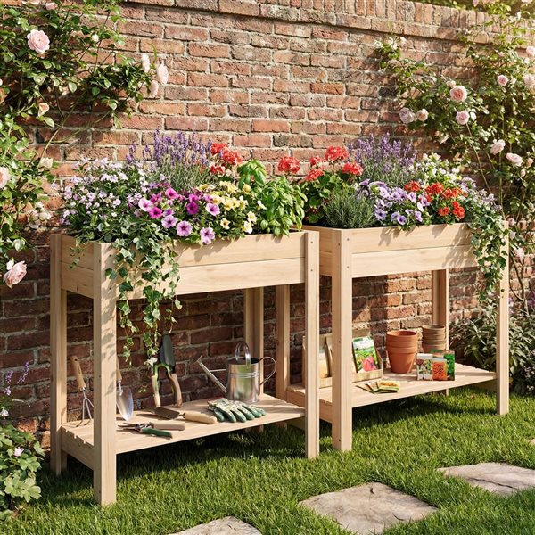 Costway Wooden Elevated Raised Garden Bed with Legs, Storage Shelf, and Liner