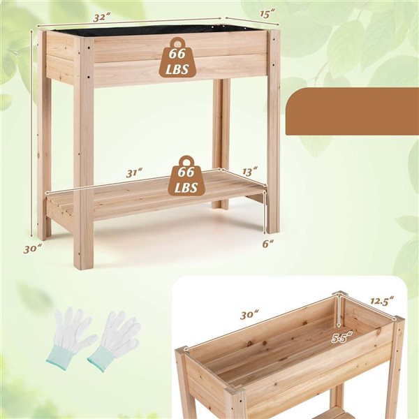 Costway Wooden Elevated Raised Garden Bed with Legs, Storage Shelf, and Liner