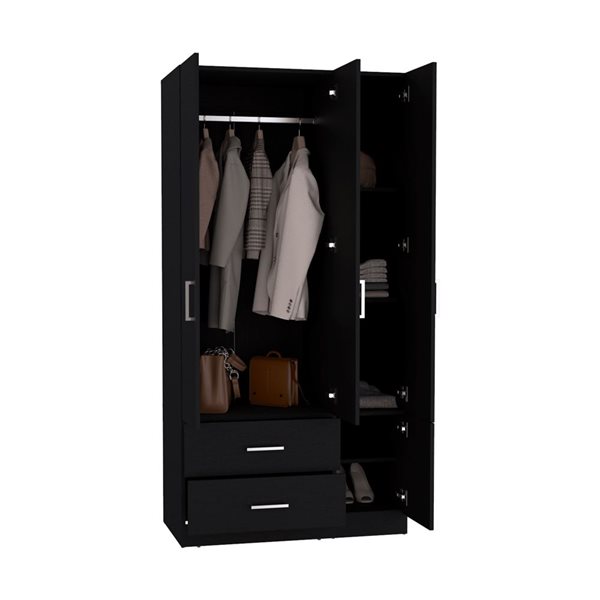 RTA Sebree 3 Door Wardrobe w/ 3 Drawers and Polished Chrome Hardware - Black