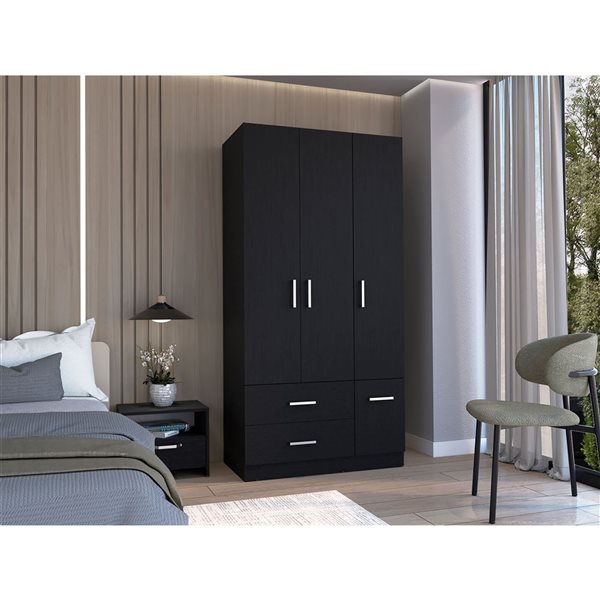 RTA Sebree 3 Door Wardrobe w/ 3 Drawers and Polished Chrome Hardware - Black