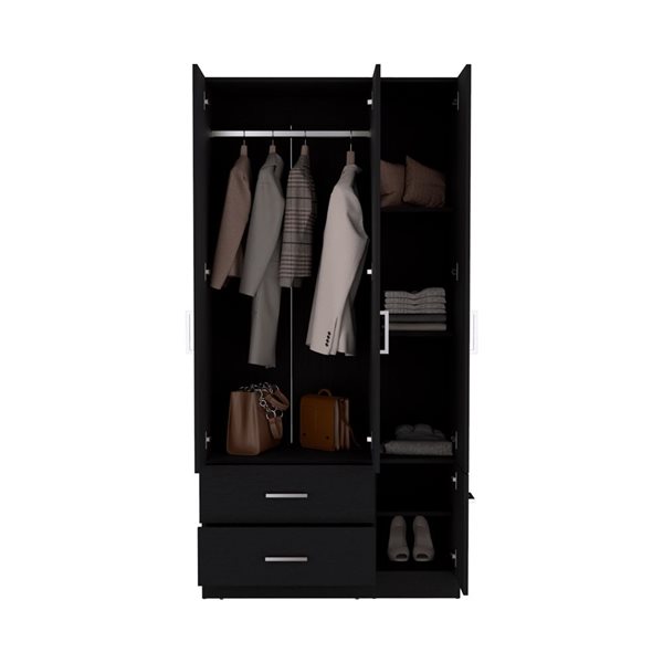 RTA Sebree 3 Door Wardrobe w/ 3 Drawers and Polished Chrome Hardware - Black
