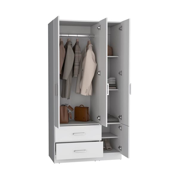 RTA Sebree Three Door Wardrobe 3 Drawers and Polished Chrome Hardware - White