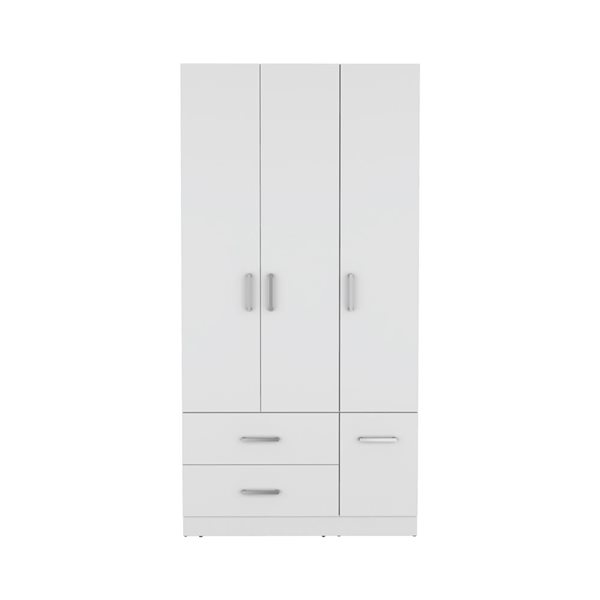 RTA Sebree Three Door Wardrobe 3 Drawers and Polished Chrome Hardware - White