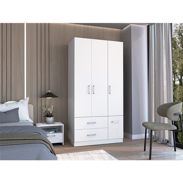 RTA Sebree Three Door Wardrobe 3 Drawers and Polished Chrome Hardware - White