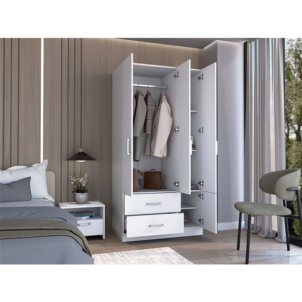 RTA Sebree Three Door Wardrobe 3 Drawers and Polished Chrome Hardware - White