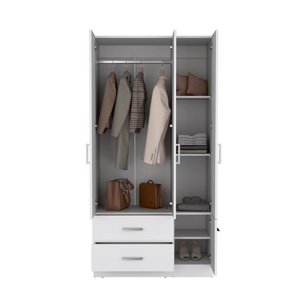 RTA Sebree Three Door Wardrobe 3 Drawers and Polished Chrome Hardware - White