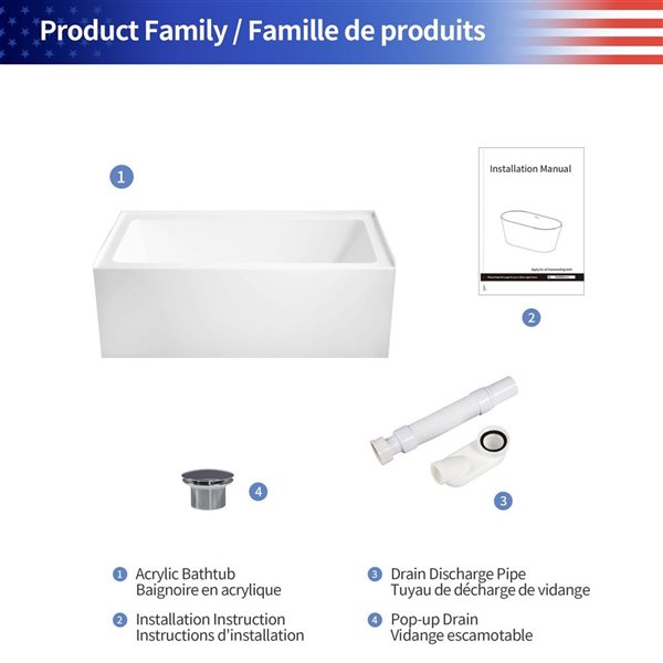 Rainlex Built-In Drop-In Bathtub with Integrated Panel Stainless Steel Support Legs 60-in