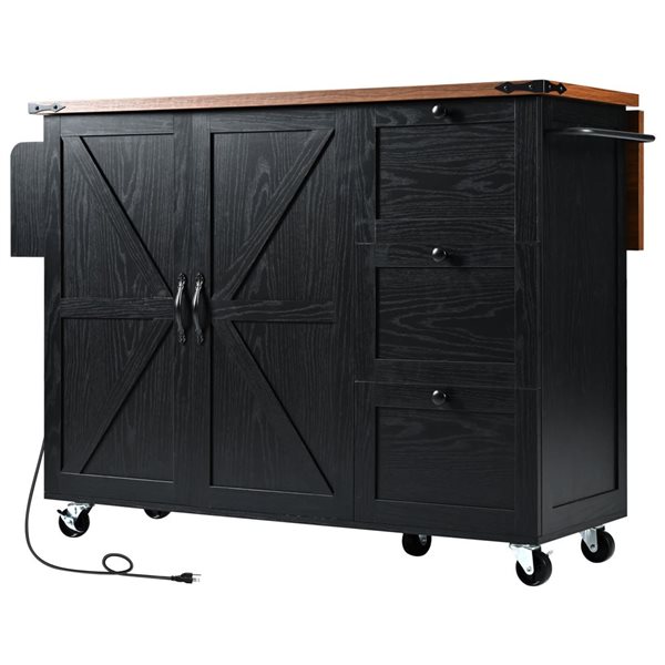 Rainlex 54.5-in Black Farmhouse Kitchen Island with Power Outlet, Internal Storage & Rolling Cart