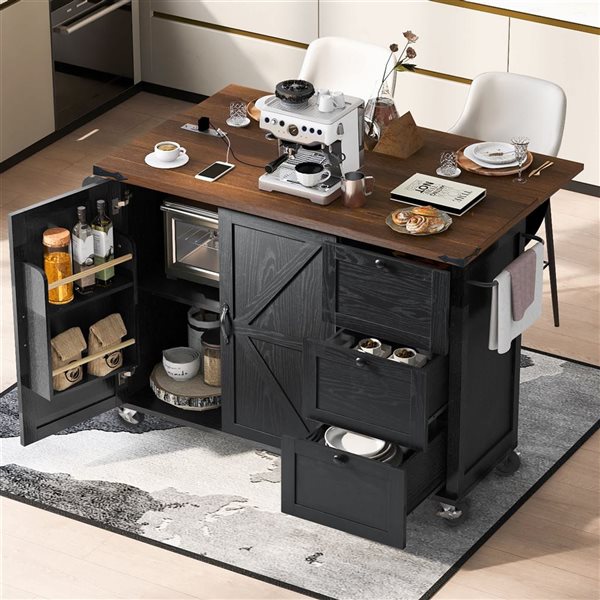 Rainlex 54.5-in Black Farmhouse Kitchen Island with Power Outlet, Internal Storage & Rolling Cart