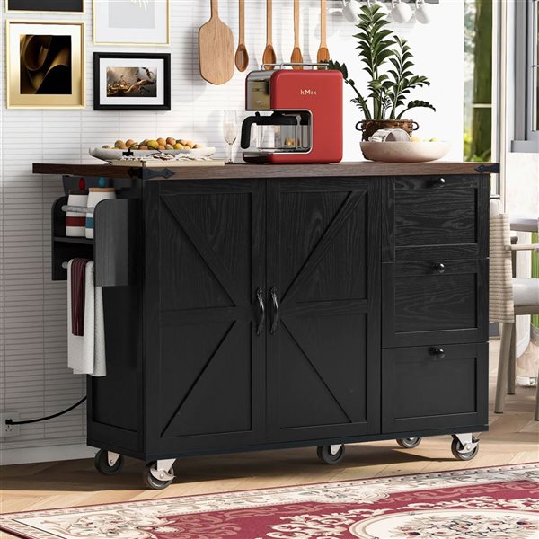 Rainlex 54.5-in Black Farmhouse Kitchen Island with Power Outlet, Internal Storage & Rolling Cart