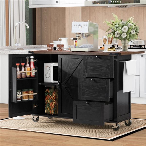 Rainlex 54.5-in Black Farmhouse Kitchen Island with Power Outlet, Internal Storage & Rolling Cart