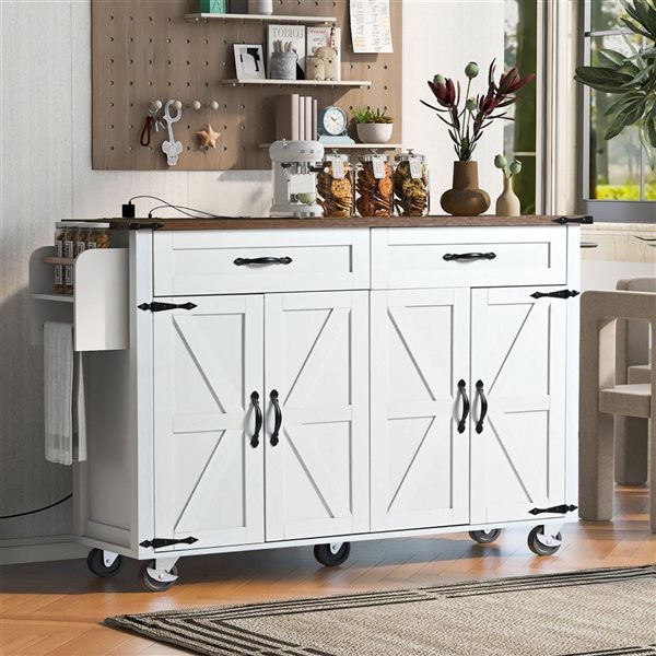 Rainlex 53.5-in White Farmhouse Kitchen Island with Power Outlet, Drawer & Rolling Cart