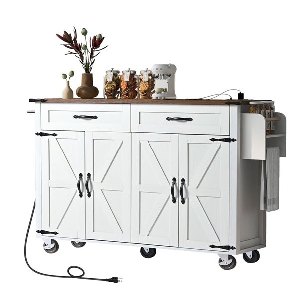 Rainlex 53.5-in White Farmhouse Kitchen Island with Power Outlet, Drawer & Rolling Cart
