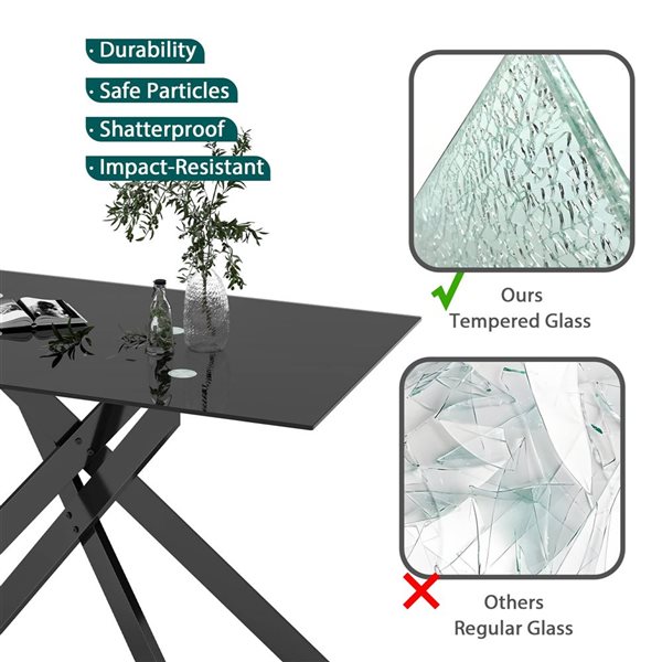 Rainlex 51.18in Rectangular Clear Tempered Glass Dining Table with Black Metal Legs