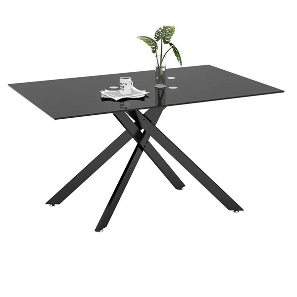 Rainlex 51.18in Rectangular Clear Tempered Glass Dining Table with Black Metal Legs