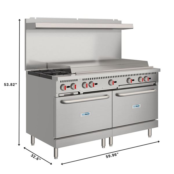 Koolmore Commercial Dual‑Oven Range with Griddle, 60‑in, 48‑in Griddle & 2 Burners - Stainless Steel