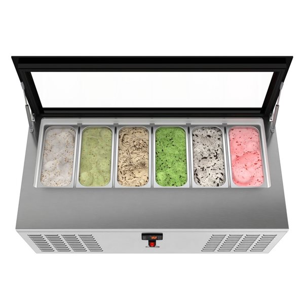 Koolmore Countertop Ice Cream Display Freezer with Glass Top, 45-in, 6-Pan - Stainless Steel