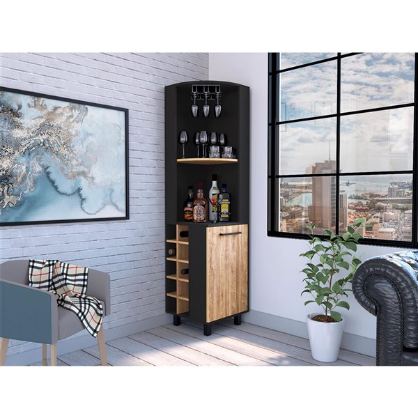 RTA Kaia Corner Bar Cabinet w/ Wine Glass Rack and Wine Rack - Black