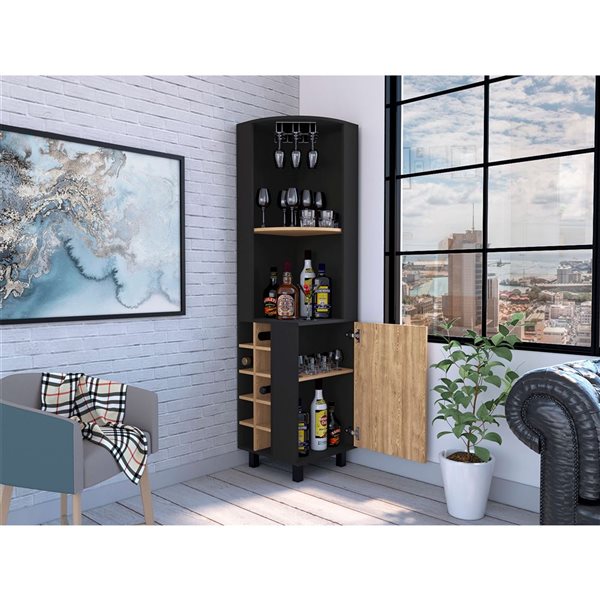 RTA Kaia Corner Bar Cabinet w/ Wine Glass Rack and Wine Rack - Black