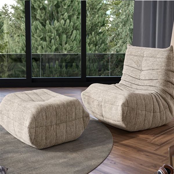 Brassex Sloan High Resiliance All Foam Chair and Ottoman Set w/ Quilted Upholstery - Beige