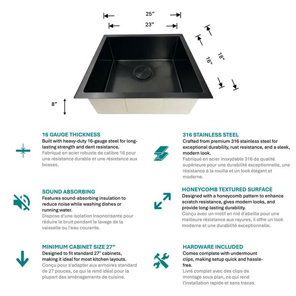 Unique Home Supplies Kitchen Sink Undermount Single Bowl Textured Honeycomb 25 x 18-in - Black Stainless Steel