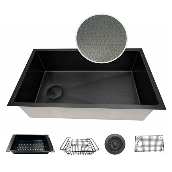 Unique Home Supplies Kitchen Sink Undermount Single Bowl Textured Honeycomb 27 x 18-in - Black Stainless Steel